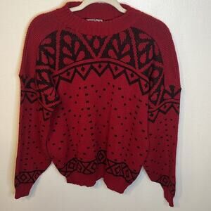 Brunny Womens Vintage 80s 90s Red/Black Crewneck Bold Abstract Pattern Sweater